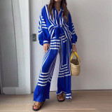 Printed Stripe Shirt and Pleated Wide-Leg Pants Set
