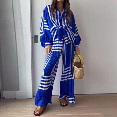 Printed Stripe Shirt and Pleated Wide-Leg Pants Set