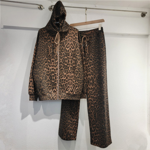 Leopard Print Hooded Casual Set with Rhinestone Detail