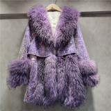 Fashionable Faux Fox Fur Lapel Coat with Sequined Detailing