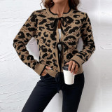 Leopard Print Bow Tie Knit Long Sleeve Sweater Cardigan