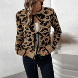 Leopard Print Bow Tie Knit Long Sleeve Sweater Cardigan