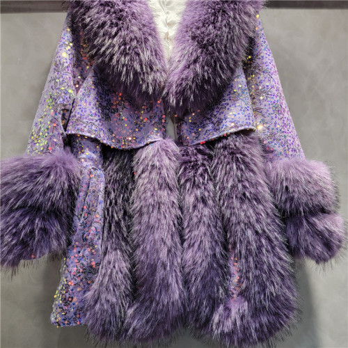 Fashionable Faux Fox Fur Lapel Coat with Sequined Detailing