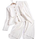 Fashionable Polo Collar Button-Up Knit Long Sleeve Top and Solid Wide-Leg Pants Set
