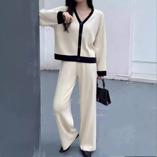 Color-Block V-Neck Long Sleeve Knit Cardigan & Casual Wide-Leg Pants Set