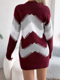 Casual Color-Block Lantern Sleeve Sweater Dress Without belt