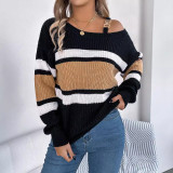Color-Block Striped Lantern Sleeve Off-Shoulder Sweater with Metallic Button