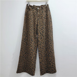 Leopard Print Distressed Casual Wide-Leg Jeans for Women