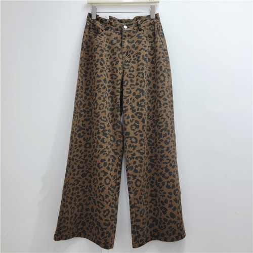 Leopard Print Distressed Casual Wide-Leg Jeans for Women