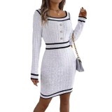 Elegant Square Neck Button Long Sleeve Sweater Dress