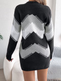 Casual Color-Block Lantern Sleeve Sweater Dress Without belt