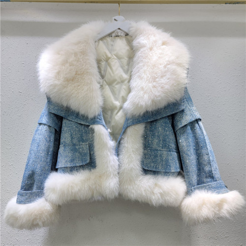 Faux Fox Fur Collar Women's Parka with Rhinestone Accents