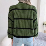 Casual Striped Lantern Sleeve Mock Neck Knit Sweater