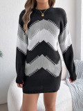 Casual Color-Block Lantern Sleeve Sweater Dress Without belt