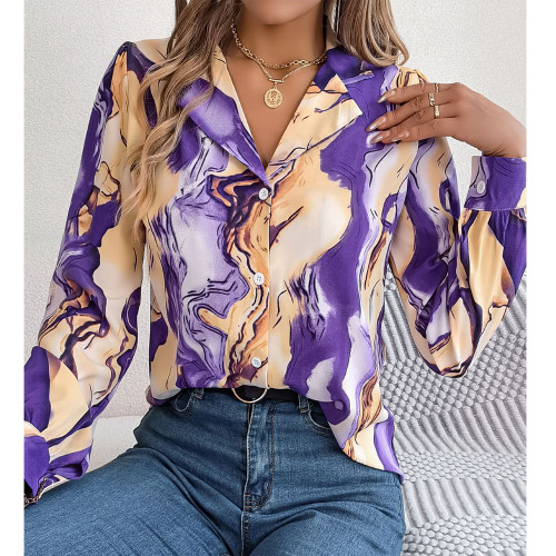 Casual Color-Block Striped Lapel Long Sleeve Shirt