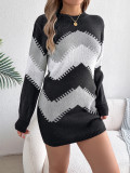 Casual Color-Block Lantern Sleeve Sweater Dress Without belt