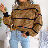 Casual Striped Lantern Sleeve Mock Neck Knit Sweater