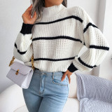 Casual Striped Lantern Sleeve Mock Neck Knit Sweater