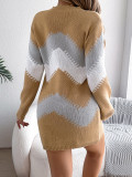 Casual Color-Block Lantern Sleeve Sweater Dress Without belt