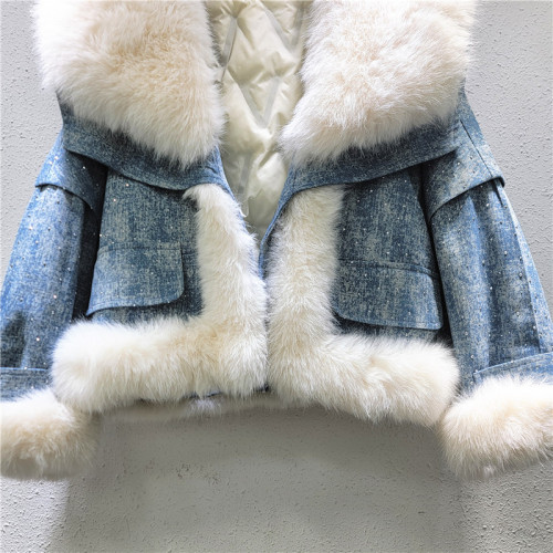 Faux Fox Fur Collar Women's Parka with Rhinestone Accents