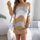 Casual Color-Block Lantern Sleeve Sweater Dress Without belt