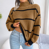 Casual Striped Lantern Sleeve Mock Neck Knit Sweater