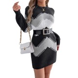 Casual Color-Block Lantern Sleeve Sweater Dress Without belt