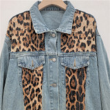 Leopard Sequin Patchwork Oversized Denim Jacket