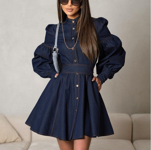 Lantern Sleeve Denim Shirt Dress