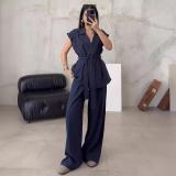 Fashionable Women's Sleeveless Collared Top & High-Waist Set