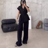 Fashionable Women's Sleeveless Collared Top & High-Waist Set