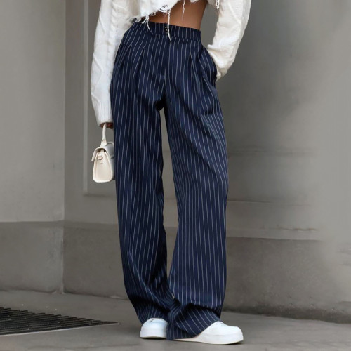 ihoov Navy Striped Wide-Leg Trousers for Women
