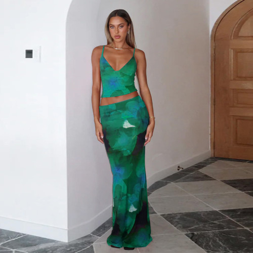 Floral Print V-Neck Crop Top & Fitted Midi Skirt Set