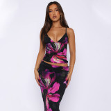 Floral Print V-Neck Crop Top & Fitted Midi Skirt Set