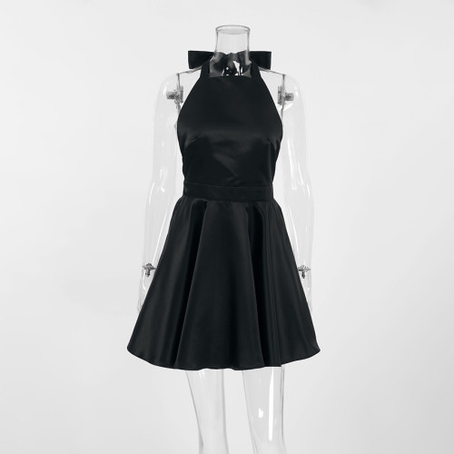 Satin Tie-Back Little Black Dress with High Waist and Flared Skirt