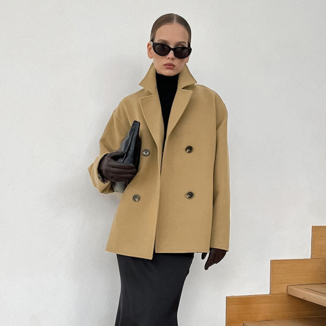 Chic Brown Double-Breasted Mid-Length Wool Blend Coat for Women
