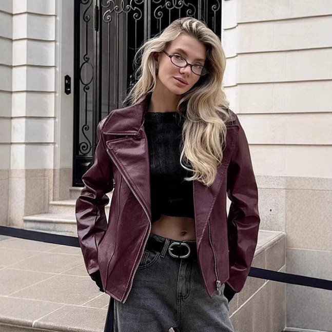 Angora Red PU Leather Jacket for Women
