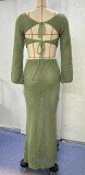 Chic Knitted Long Sleeve Bodycon Dress Set with Tie Waist