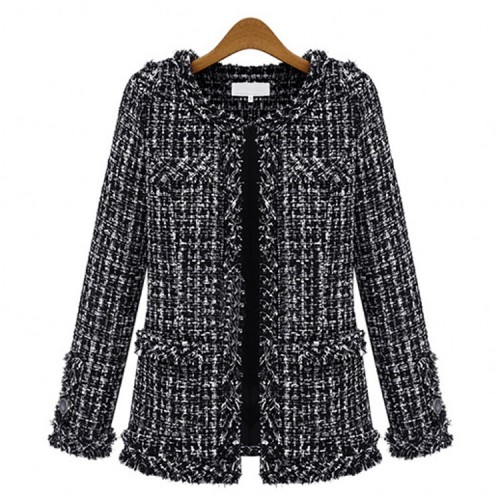 Plus Size Black and White Check Tweed Coat