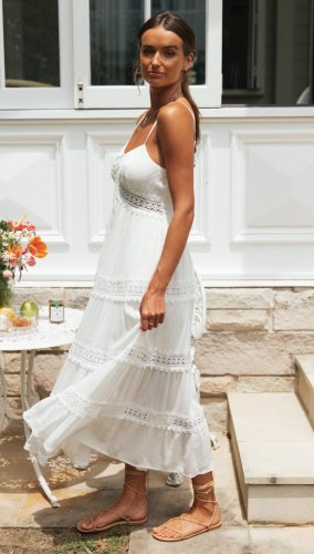 Bohemian Lace Trimmed Maxi Dress with Spaghetti Straps