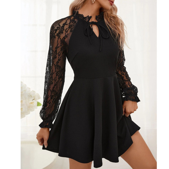 Chic Color-Blocked Lace Tie Long Sleeve Dress for Elegant Women