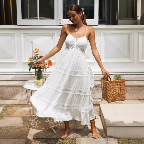 Bohemian Lace Trimmed Maxi Dress with Spaghetti Straps