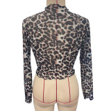 Chic Leopard Print Mesh Collar Long Sleeve Crop Top