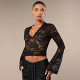 Solid Color Sheer Lace V-Neck Fitted Bell Sleeve Top