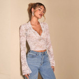 Solid Color Sheer Lace V-Neck Fitted Bell Sleeve Top