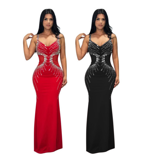 Seductive Spaghetti Strap V-Neck Rhinestone Bodycon Maxi Dress
