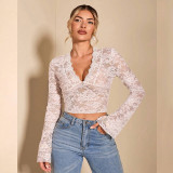 Solid Color Sheer Lace V-Neck Fitted Bell Sleeve Top