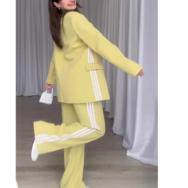 Solid Color Striped Print Blazer and Wide-Leg Trousers Set