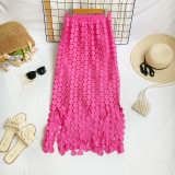 Sweet macaron mid-length skirt with embroidered fringe hem solid color women's skirt