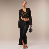 Solid Color Sheer Lace V-Neck Fitted Bell Sleeve Top